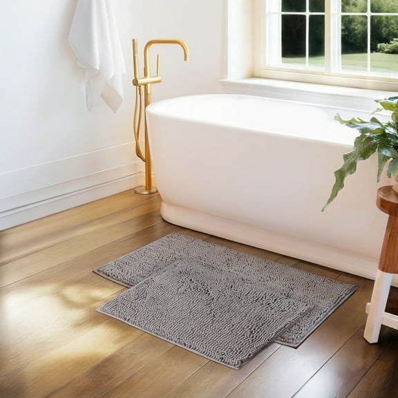 Soft Absorbent Chenille Bath Mat Rug with Anti-Skid Rubber Backing, 2 Pack, Light Gray, by Noble Linens
