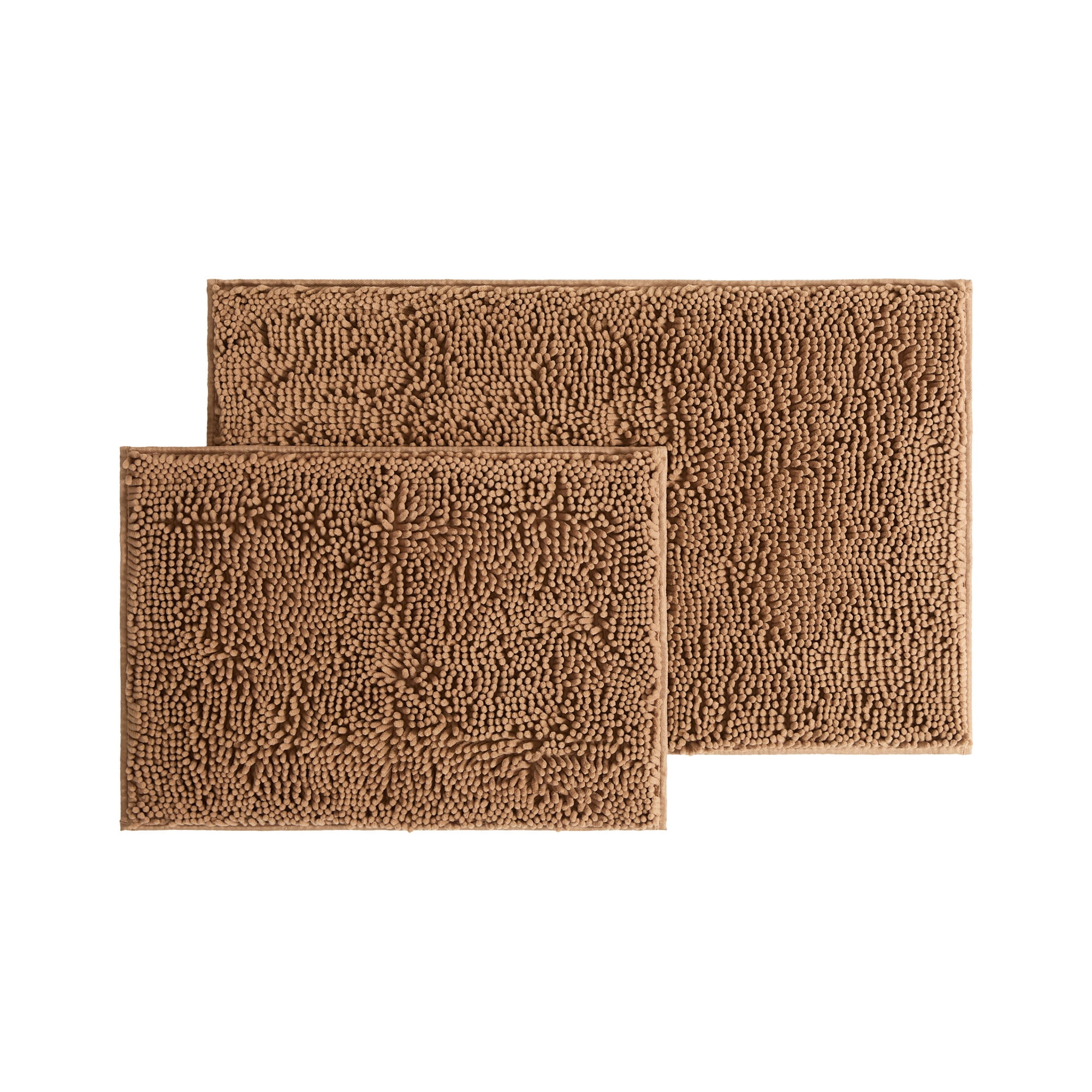 Soft Absorbent Chenille Bath Mat Rug with Anti-Skid Rubber Backing, 2 Pack, Mocha, by Noble Linens