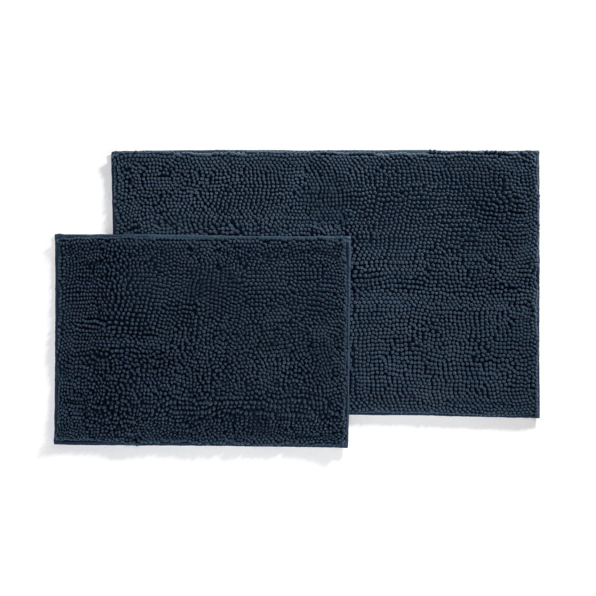 Soft Absorbent Chenille Bath Mat Rug with Anti-Skid Rubber Backing, 2 Pack, Navy, by Noble Linens