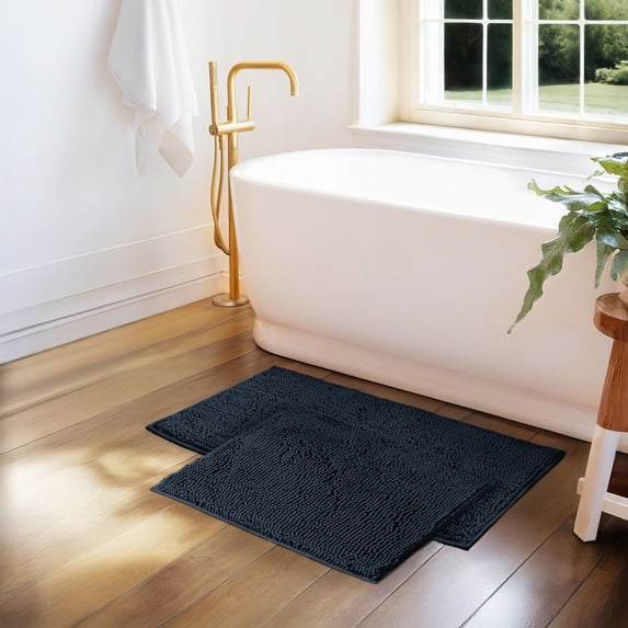 Soft Absorbent Chenille Bath Mat Rug with Anti-Skid Rubber Backing, 2 Pack, Navy, by Noble Linens