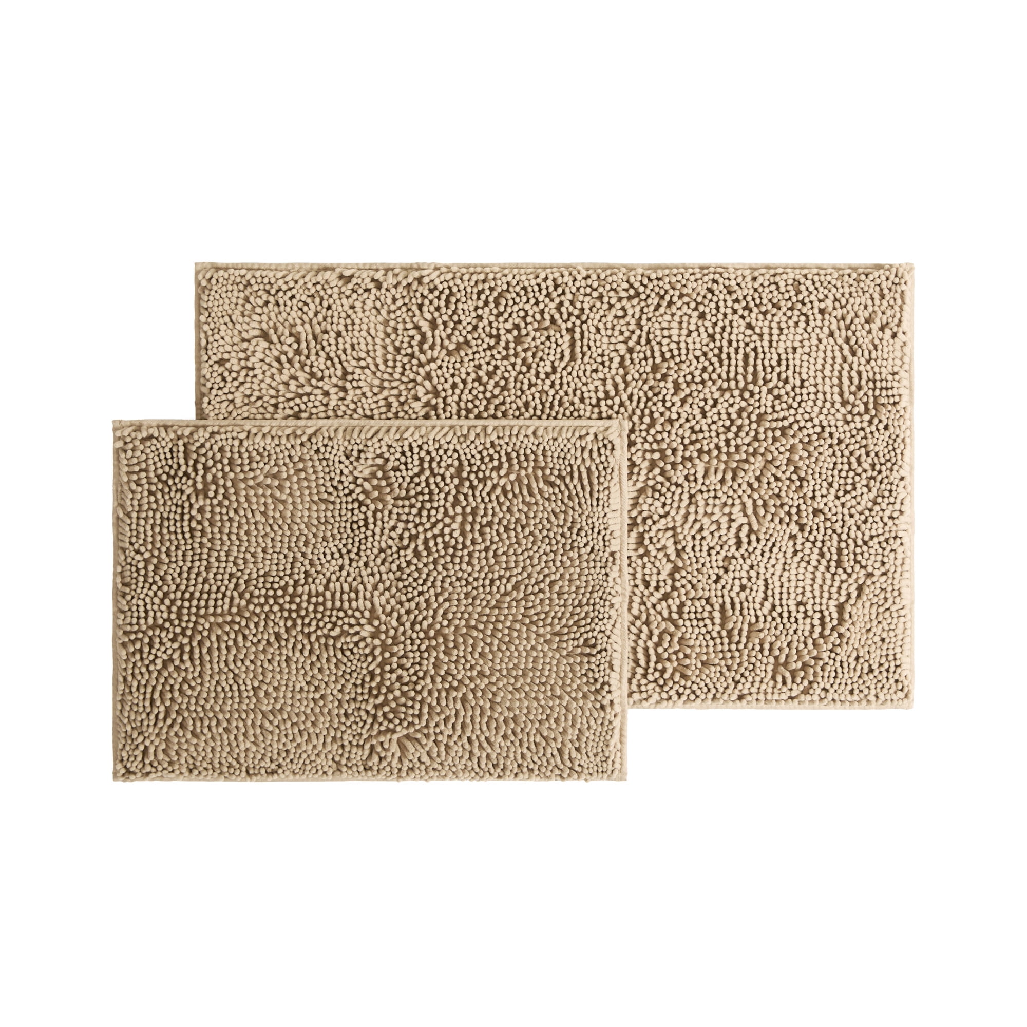 Soft Absorbent Chenille Bath Mat Rug with Anti-Skid Rubber Backing, 2 Pack, Tan, by Noble Linens