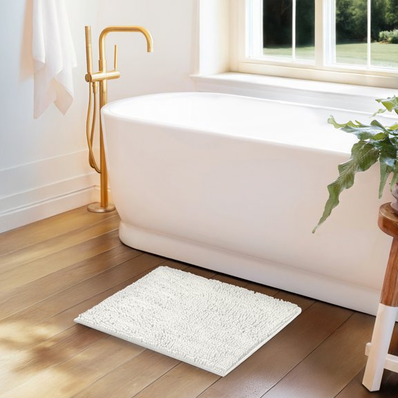 Soft Absorbent Chenille Bath Mat Rug with Anti-Skid Rubber Backing, 24 x 17, White, by Noble Linens