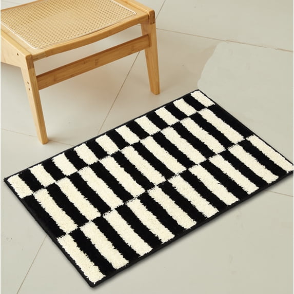 Soft Absorbent Microfiber Bathroom Rugs 20" x 32" Non-Slip Backing Fluffy Machine Washable Bath Mats Beige Black Striped Pattern Decor