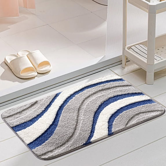 Soft Absorbent Non-Slip Bathroom Mat 24x16 Inches - Polyester Machine Washable Bath Rug for Bathroom Floor, Blue Gray