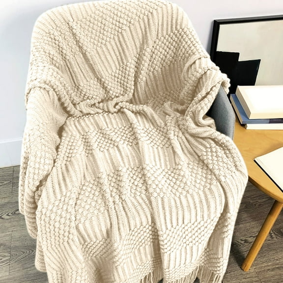 Soft Acrylic Knit Blanket for Couch & Bed | 50x67.7 Inch All Season Throw | Beige Yellow Khaki Gray Colors | 1 Piece