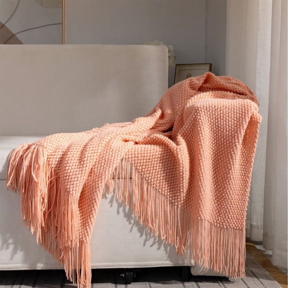 Soft Acrylic Knit Throw Blanket - 172x127cm (67x50in) Fringe Sofa Cover - Air Conditioner & Nap Blanket in Khaki, Orange, White, Yellow, Gray, Blue, Pink