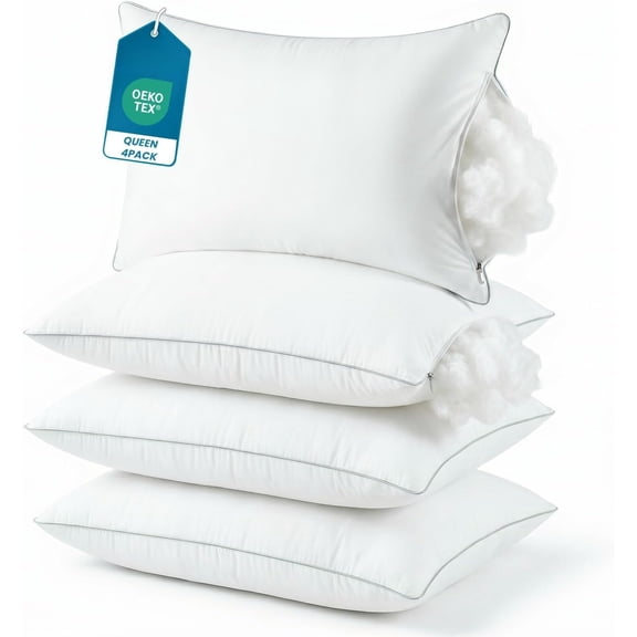 Soft Adjustable Pillows 4 Pack - Bed Pillows for Sleeping, Down Alternative Fill, Zippered Plush Support, Hotel Quality, Oeko-TEX, Machine Washable, 110GSM Gray Piping