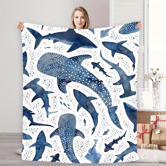 Soft And Cozy flannel Blanket Featuring Marine Blue Whale Shark Theme, Perfect for Home Use.