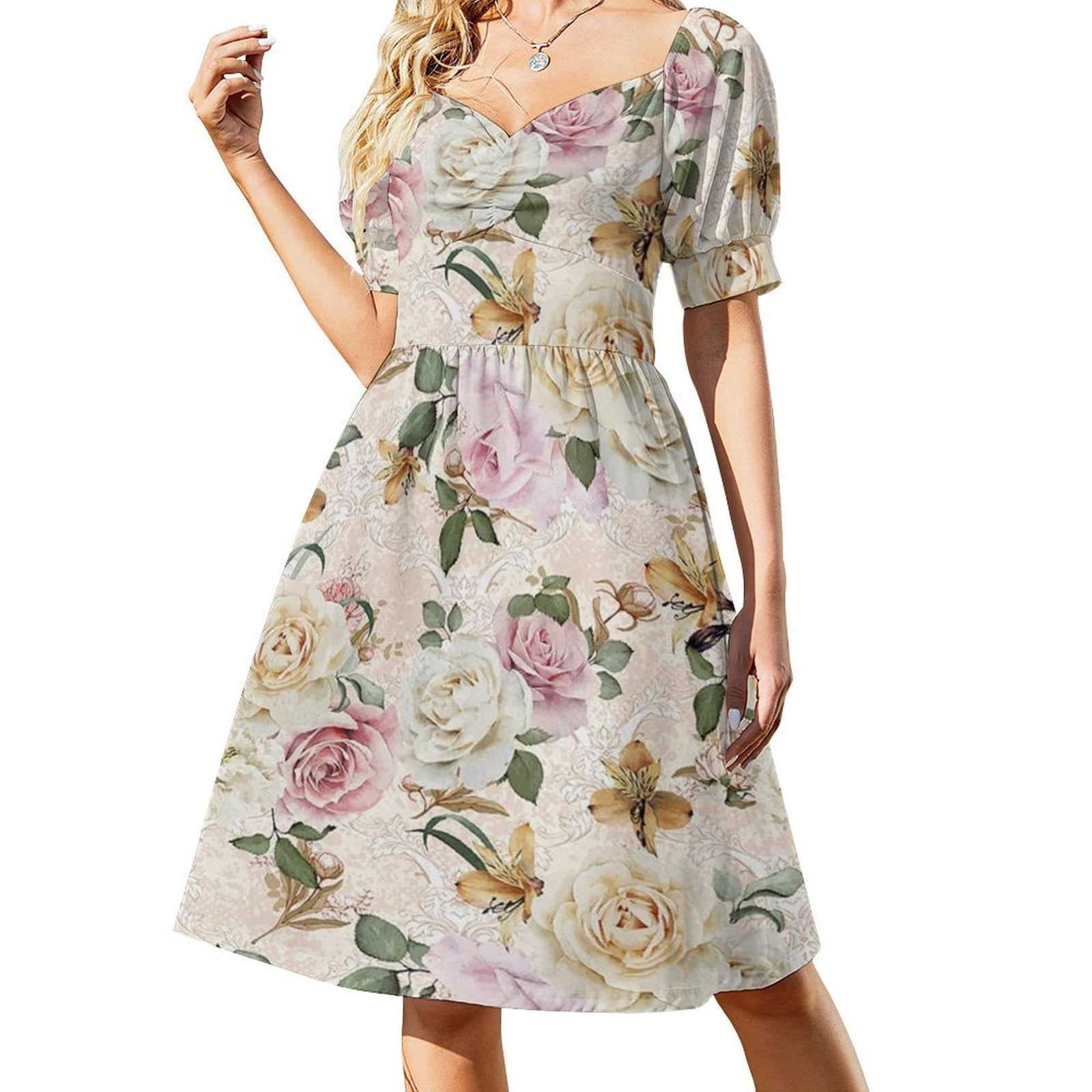 Rosses Clothes Soft And Easy Watercolor Roses Pattern Short Sleeve Dress Clothes Women ...