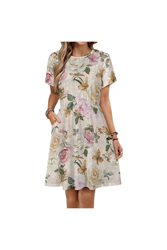 Soft And Easy Watercolor Roses Pattern Short Sleeve Dress Women Summer Evening Dresses Ladies Sundress