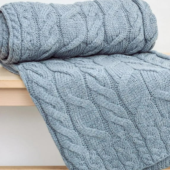 Soft Aran Cable Merino Slate Blue Throw Blanket One Size Made By Aran Woollen Mills