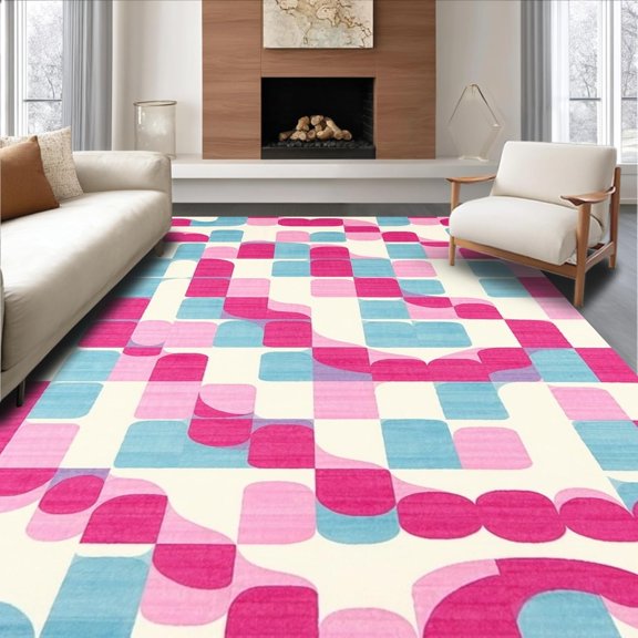 Soft Area Rug, Non Slip, Stain Resistant, Washable Area Rugs for Living Room, Bedroom, Groovy Wavy Checkerboard with Swirling Retro Shapes and Layered Pastels 2x3ft