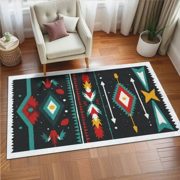 Soft Area Rug Washable Rug with Non Slip Backing, Max Size Low-Pile Carpet Mat, Vibrant Native
