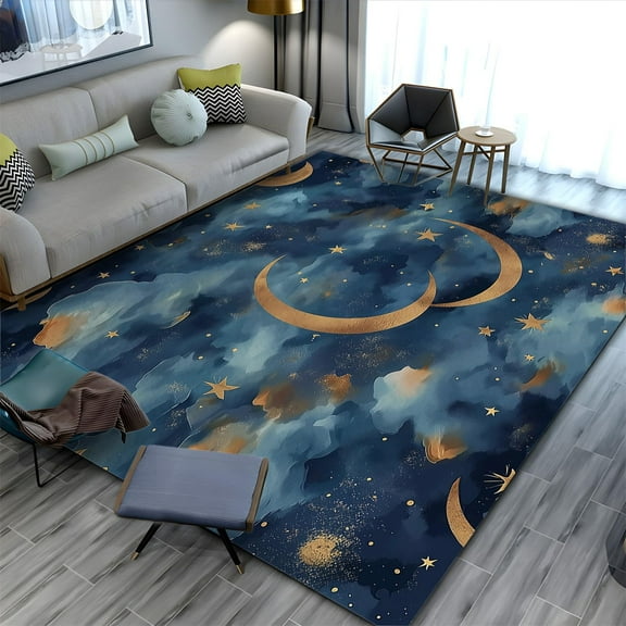 Soft Area Rugs For Bedroom Living Room, Indigo And Gold Foil Watercolor Clouds Rug Fluffy Carpets, Stars And Moon Fuzzy Bedside Rug, Indoor Floor Rug For Kids Dorm Room Home Decor