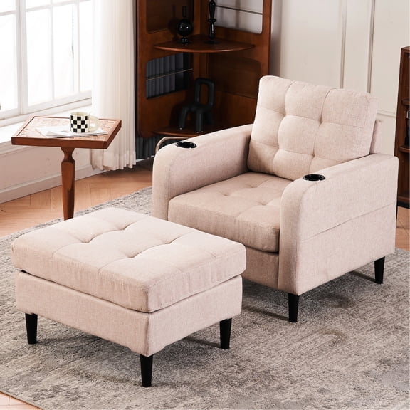 Soft Armchair with Convenient Side Pocket / Storage Ottoman for Magazine Storage