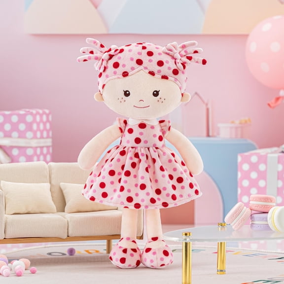 Soft Baby Doll for Girls First Baby Doll Sleeping Cuddle Buddy Doll Plush Rag Doll Wear Pink Polka Dot Dress 13"