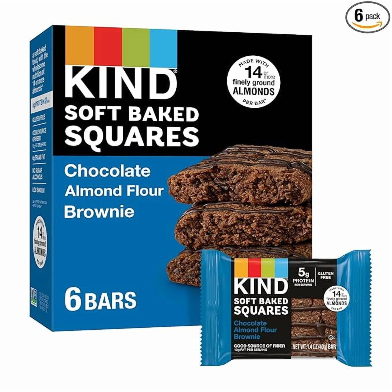 Soft Baked Squares, Chocolate Almond Flour Brownie, Healthy Snack Bars, Gluten Free, 5g Protein, 6 Count Pack of 1