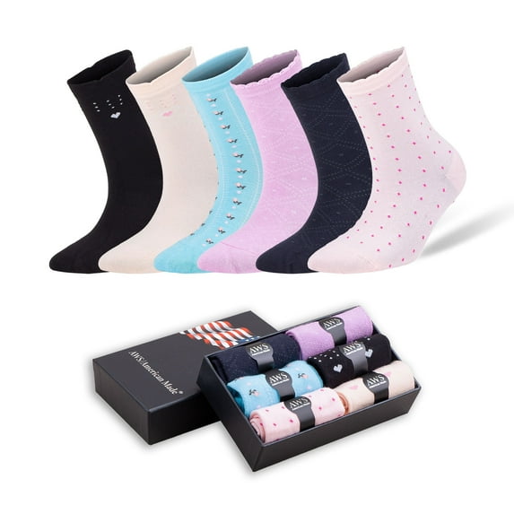Soft Bamboo Crew Socks for Women Size 6-9 Seamless Reinforced Toe 6 Pairs with Gift Box - Style 3