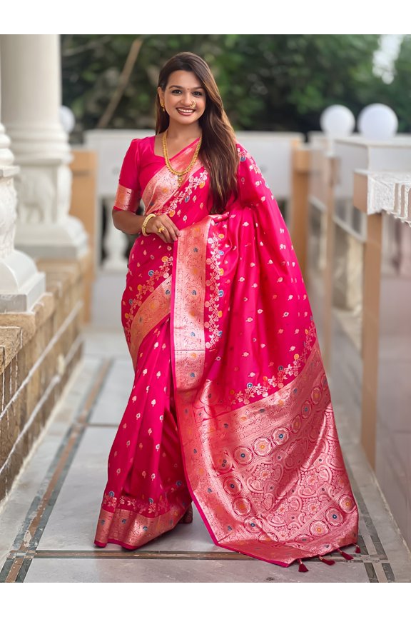 Soft Banarasi Silk Saree Zari Weaving Meenakari Work Rich Pallu Heavy Border Wedding Bridal Festive Ethnic Indian Wear – Rani Pink