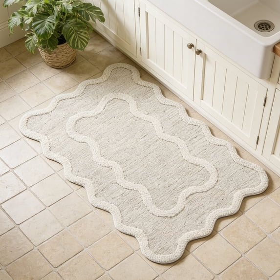 Soft Bath Mat 24x16 Inch Cream Beige – Absorbent Washable Bathroom Rug with Scalloped Edge for Tub, Shower, and Bathroom Floor