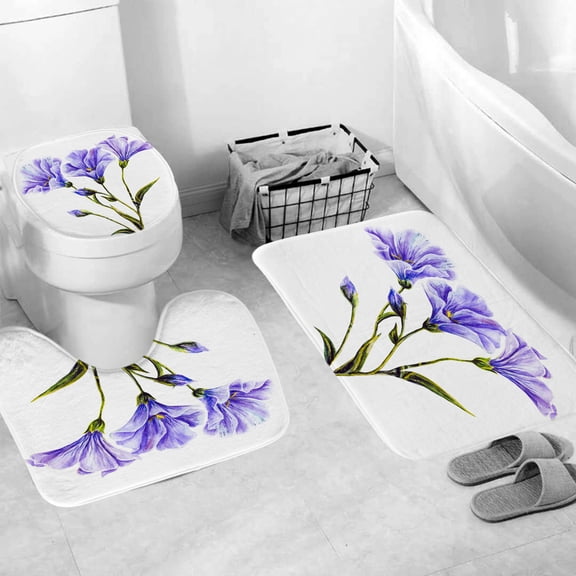 Soft Bath Rugs Non Slip Backing 3 Pcs Set Toilet Mats Absorbent Memory Foam Bathroom Rug Purple Flowers Pattern Decor Floor Mat