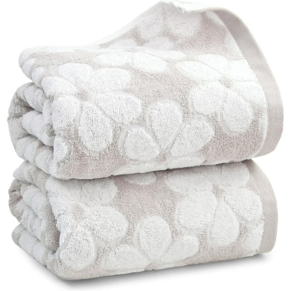Soft Bath Towels 2 Pack, Super Absorbent Shower Towels 27.5x55 Inches, Cute Floral Jacquard Bathroom Set, Cotton, Light Beige
