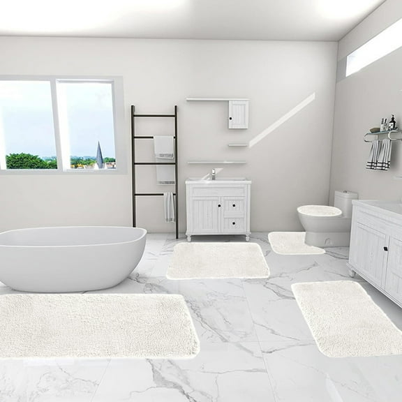 Soft Bathroom Rug under $5! CQCYD Bath Mat Set, 5 Piece Plush Bathroom Rugs, Super Soft Toilet Mats, Quick Dry Water Absorbent, Non-Slip Backing Machine Washable Bath Rug for Shower Tub Floor