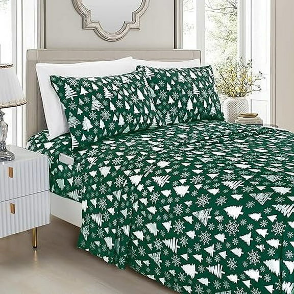 Soft Bed Sheets Holiday Pattern 1500 Thread Count Egyptian Quality Microfiber-Softness Wrinkle and Fade Resistant (6-Piece) Bedding Set, Queen, Hunter Green Christmas Tree