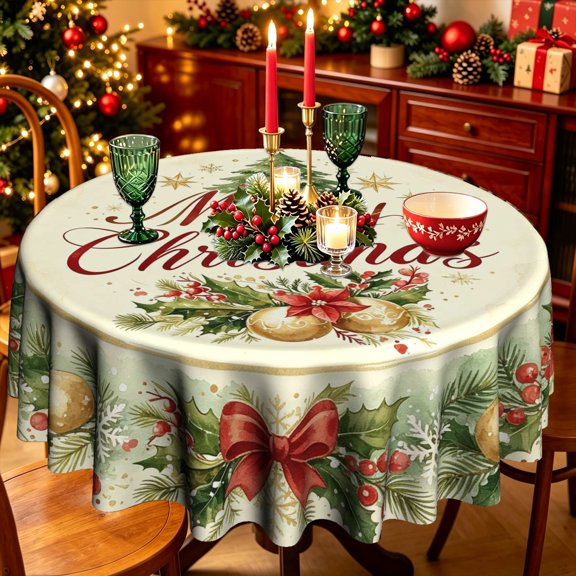 Soft Beige Base Red Bow Holly Leaf Golden Ornament Cursive Text Polyester Round Tablecloth,35/50/60/70 inch,Dining Table Holiday Party Decor
