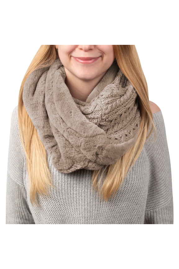 Soft Beige - Cable Knit & Faux Fur Infinity Scarf