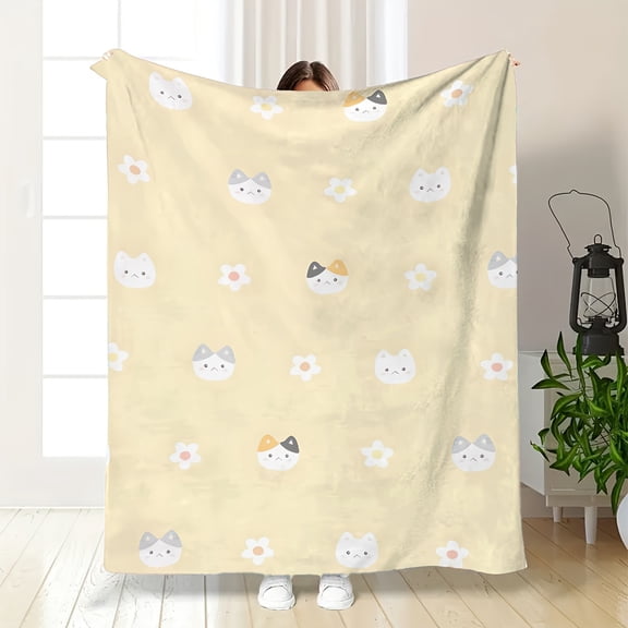 Soft Beige Flannel Blanket Lightweight AllSeason  with Cute Cats & Daisies, Machine Washable Cozy Blanket for Couch, Bed, Travel, Office, Camping Perfect Gift for Cat Lovers & Home Decor, Cute Blank
