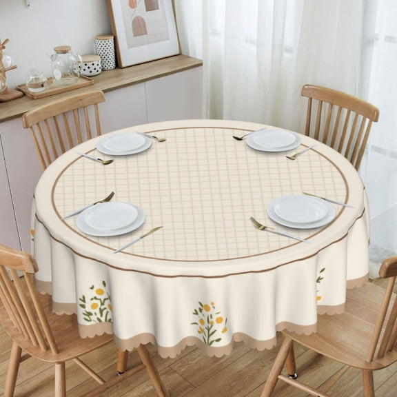 Soft Beige Floral Grid Plate Round Tablecloth Waterproof Oil Proof Spill Proof Table Cloth 70" for Camping, Dining, Indoor and Outdoor Table Cover