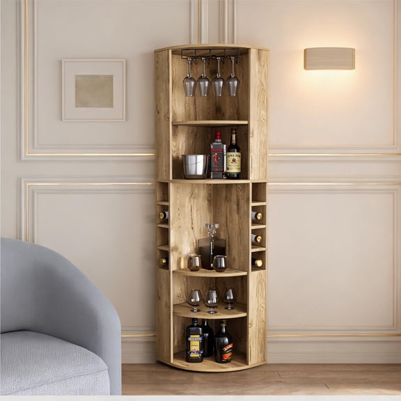Soft Beige Particle Board Corner Bar Cabinet  Home Bar Storage with Stemware Rack, 70.8-Inch Tall, Space-Saving Design