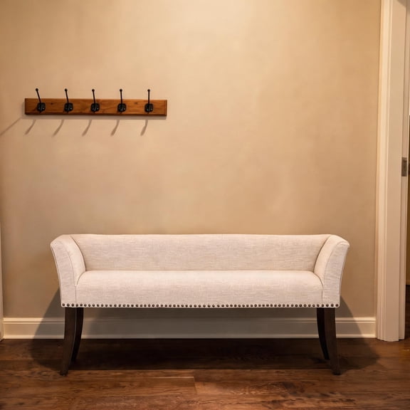 Soft Beige Upholstered Bench with Flared Arms, 2-Seater Entryway or Bedroom Seating, Herringbone Texture