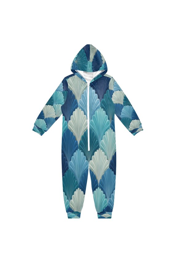 Soft Big Kids Onesie Pajamas Cozy Loose-Fit Jumpsuits for kids with Pockets for Christmas Lounge & Play Blue Fan-shaped Shapes