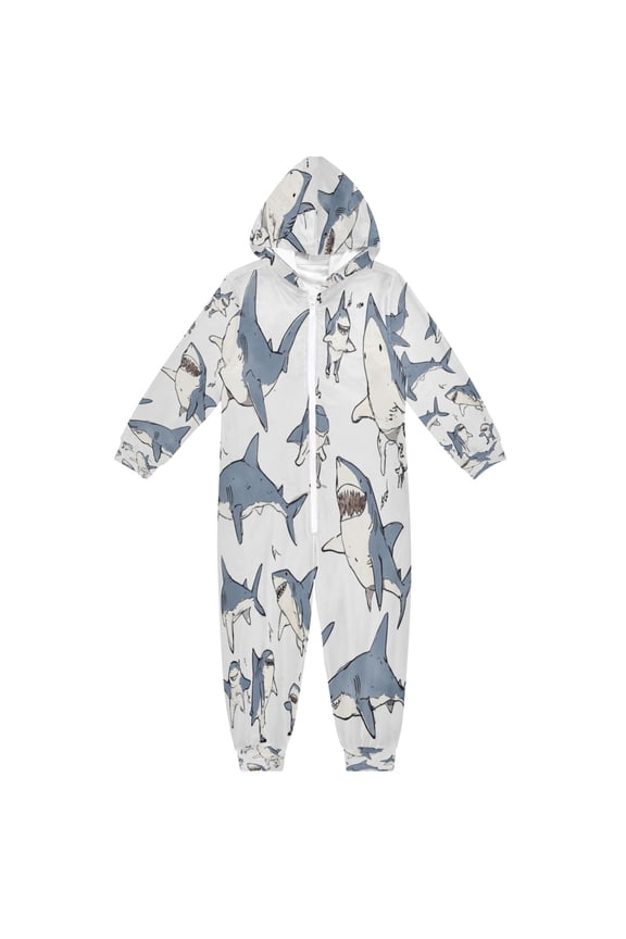 Soft Big Kids Onesie Pajamas Cozy Loose-Fit Jumpsuits for kids with Pockets for Christmas Lounge & Play Blue Shark with White Belly