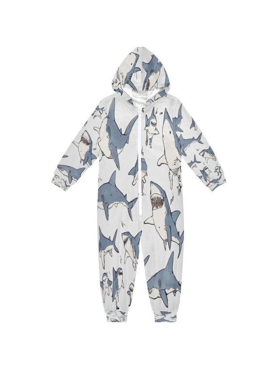 Soft Big Kids Onesie Pajamas Cozy Loose-Fit Jumpsuits for kids with Pockets for Christmas Lounge & Play Blue Shark with White Belly