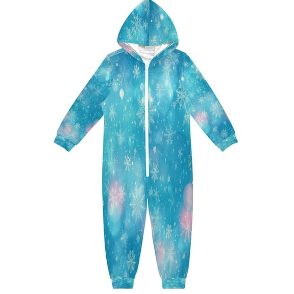 Soft Big Kids Onesie Pajamas Cozy Loose-Fit Jumpsuits for kids with Pockets for Christmas Lounge & Play Blue Snowflake Background