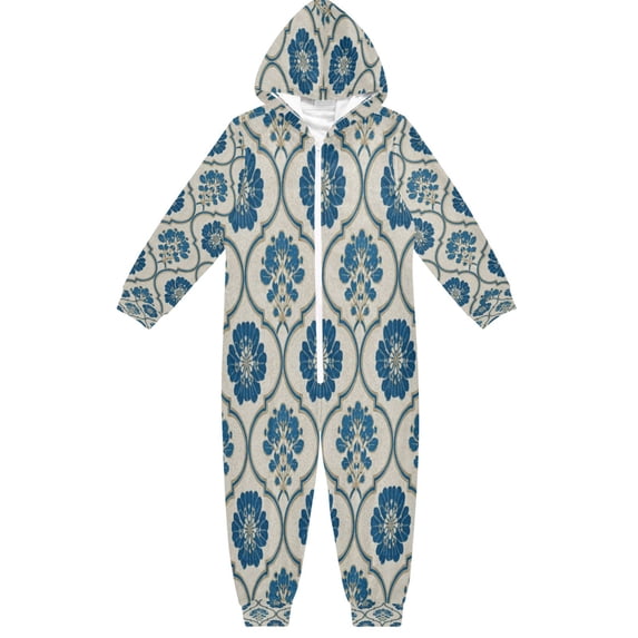 Soft Big Kids Onesie Pajamas Cozy Loose-Fit Jumpsuits for kids with Pockets for Christmas Lounge & Play Blue Symmetrical Floral Pattern