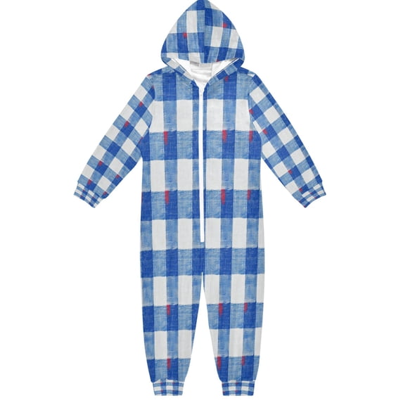Soft Big Kids Onesie Pajamas Cozy Loose-Fit Jumpsuits for kids with Pockets for Christmas Lounge & Play Blue and White Gingham