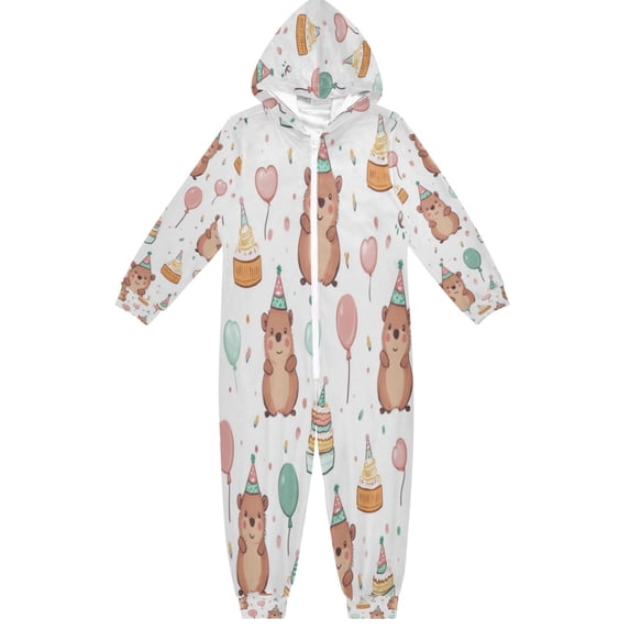 Soft Big Kids Onesie Pajamas Cozy Loose-Fit Jumpsuits for kids with Pockets for Christmas Lounge & Play Capybara Wearing Party Hat
