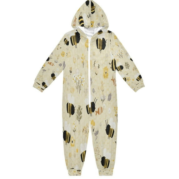 Soft Big Kids Onesie Pajamas Cozy Loose-Fit Jumpsuits for kids with Pockets for Christmas Lounge & Play Cute Bees and Honeycomb Pattern