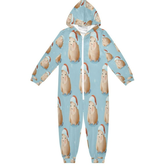 Soft Big Kids Onesie Pajamas Cozy Loose-Fit Jumpsuits for kids with Pockets for Christmas Lounge & Play Cute Capybara with Santa Hat