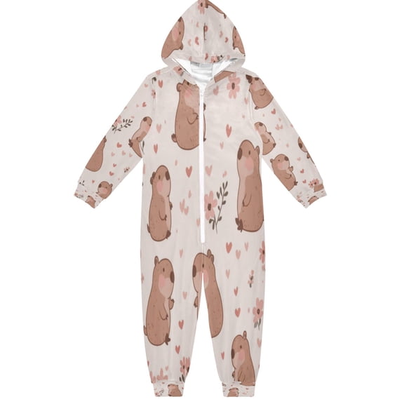 Soft Big Kids Onesie Pajamas Cozy Loose-Fit Jumpsuits for kids with Pockets for Christmas Lounge & Play Cute Capybaras