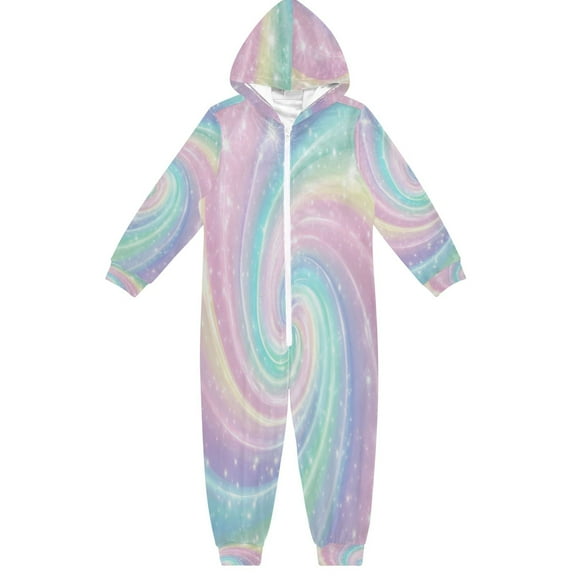 Soft Big Kids Onesie Pajamas Cozy Loose-Fit Jumpsuits for kids with Pockets for Christmas Lounge & Play Cute Pastel Rainbow Swirl