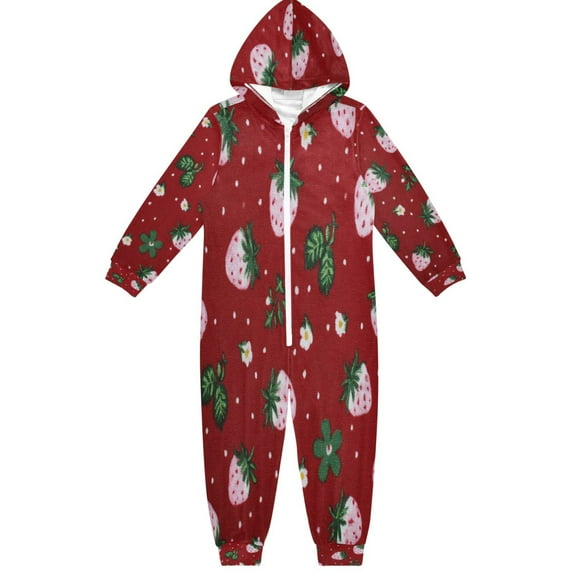 Soft Big Kids Onesie Pajamas Cozy Loose-Fit Jumpsuits for kids with Pockets for Christmas Lounge & Play Cute Pink Strawberry Pattern