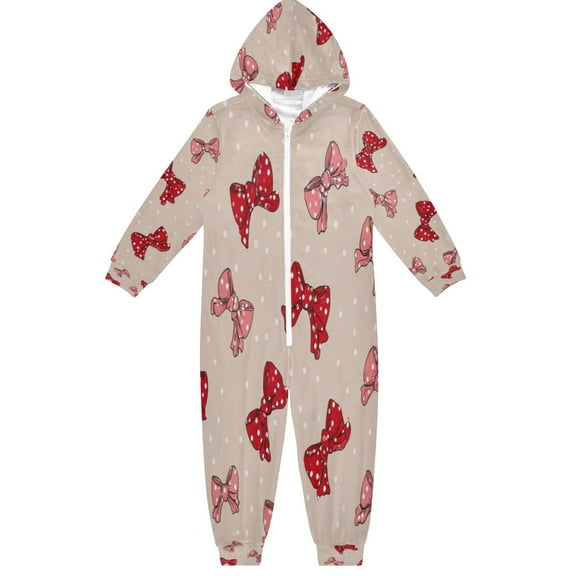 Soft Big Kids Onesie Pajamas Cozy Loose-Fit Jumpsuits for kids with Pockets for Christmas Lounge & Play Cute Red Bows Pattern