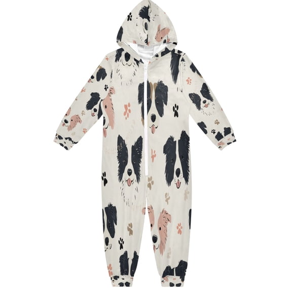Soft Big Kids Onesie Pajamas Cozy Loose-Fit Jumpsuits for kids with Pockets for Christmas Lounge & Play Dog Head and Paw Prints