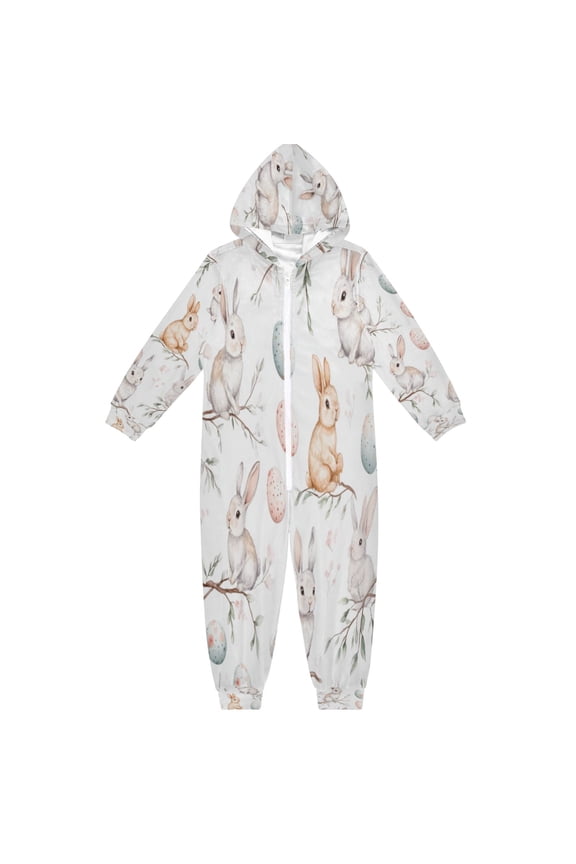 Soft Big Kids Onesie Pajamas Cozy Loose-Fit Jumpsuits for kids with Pockets for Christmas Lounge & Play Easter Bunnies and Willow Branches