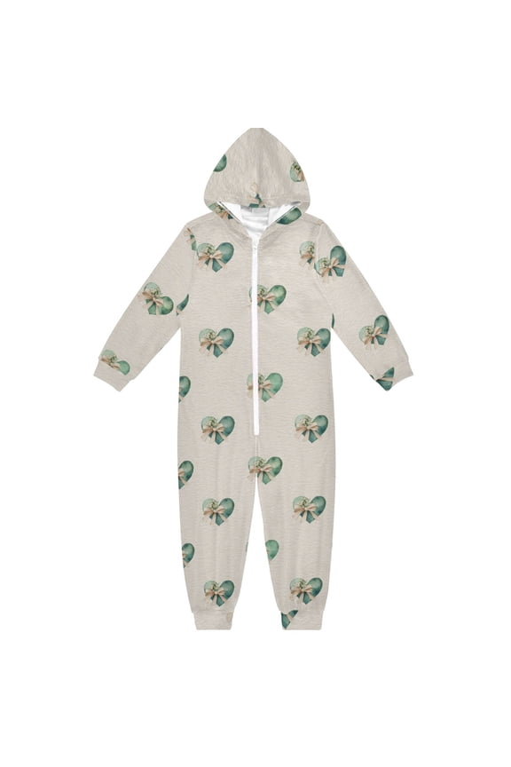 Soft Big Kids Onesie Pajamas Cozy Loose-Fit Jumpsuits for kids with Pockets for Christmas Lounge & Play Emerald Green Hearts Pattern